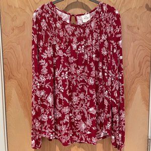 EUC Knox Rose long sleeve smocked floral knit swing top in red/white, size M